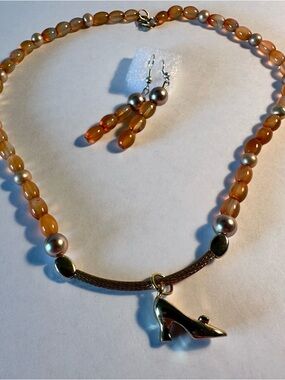 Agate Bead Necklace and earrings with Shoe Charm - Gold Accent. Handmade. New.